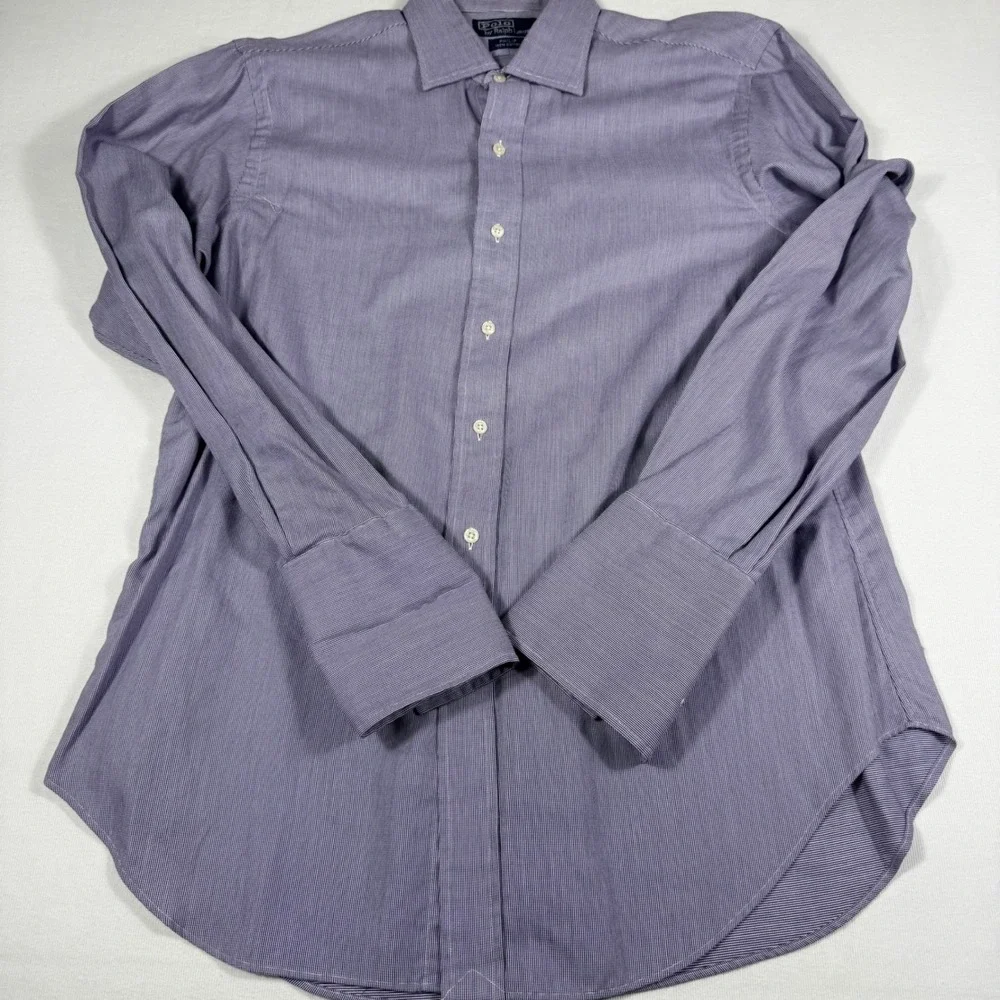 Polo Ralph Lauren Philip Dress Shirt 16 34 Purple White Micro Stripe French Cuff